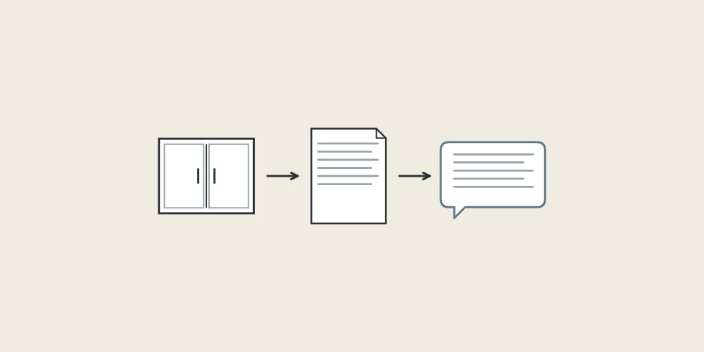 Illustration of a vanity cabinet, a document and a message bubble linked by arrows