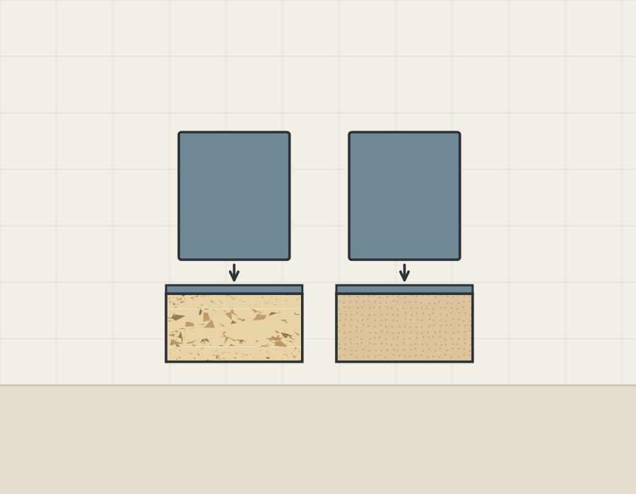 Illustration of two identical cabinet doors, each above its cut edge, one of particles and one fine and even