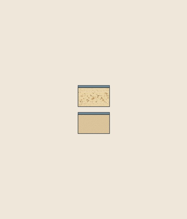 Illustration of two cut board edges under the same face layer, one of particles and one fine and even