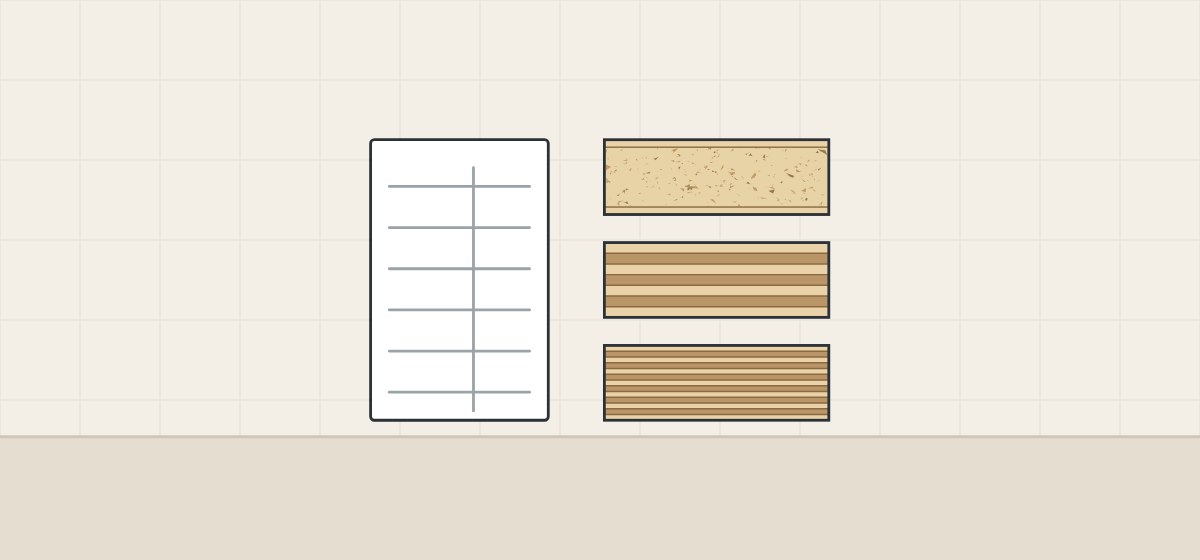 Illustration of a data sheet beside three panel edges of equal height: a three-ply panel with a particle core, a seven-ply panel and a thirteen-ply panel