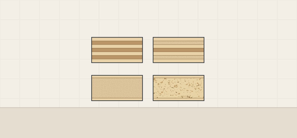Illustration of four panel edges: all veneer plies, veneer with fiber plies under the faces, a fiber core and a particle core