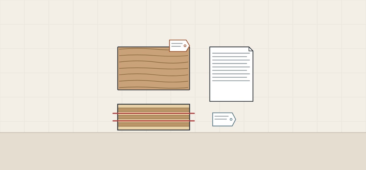 Illustration of a tagged veneer face sheet, a panel edge with two bond lines marked, a document and a label tag