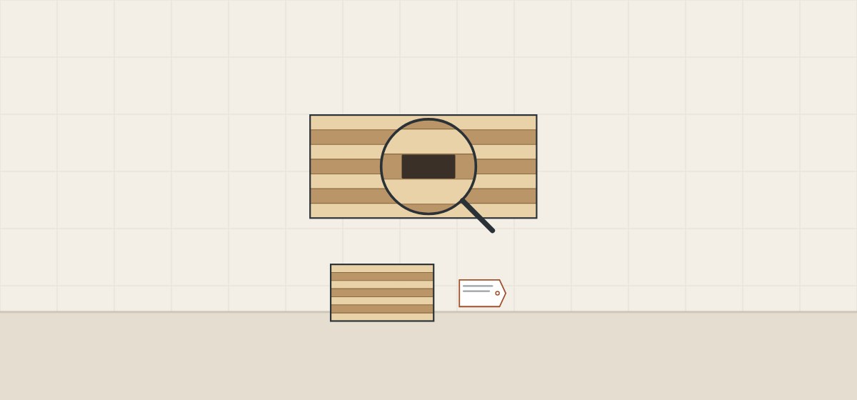 Illustration of a magnifier over a panel edge showing a gap in one inner ply, above a clean offcut with a tag