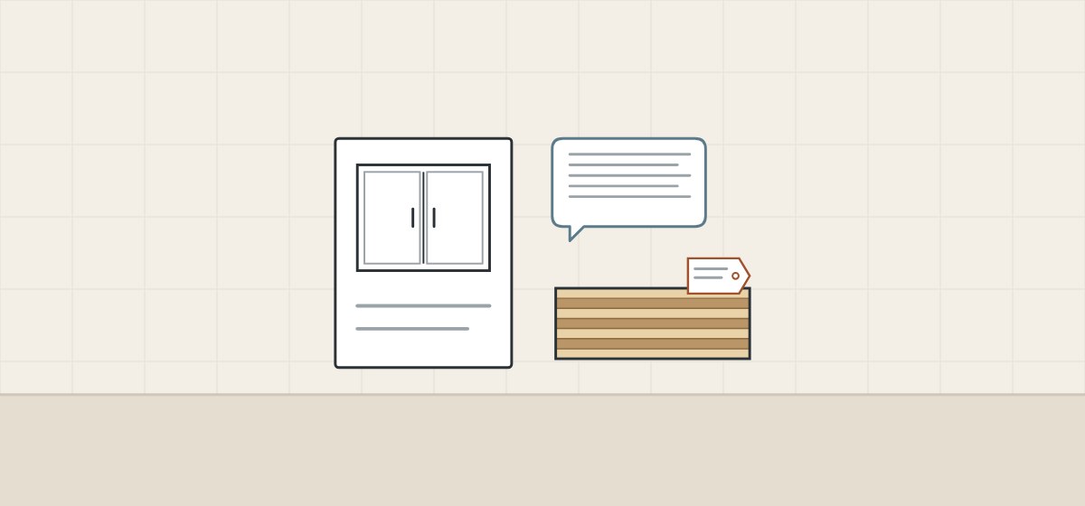 Illustration of a sheet with a cabinet front, a message bubble and a tagged panel edge
