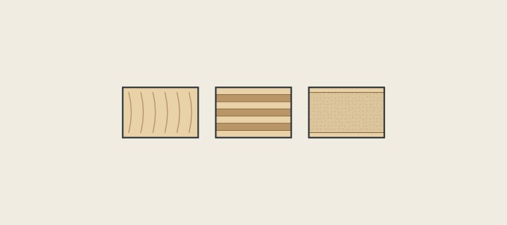 Illustration: three board edges: one with grain lines, one in plies and one with a fine fiber core
