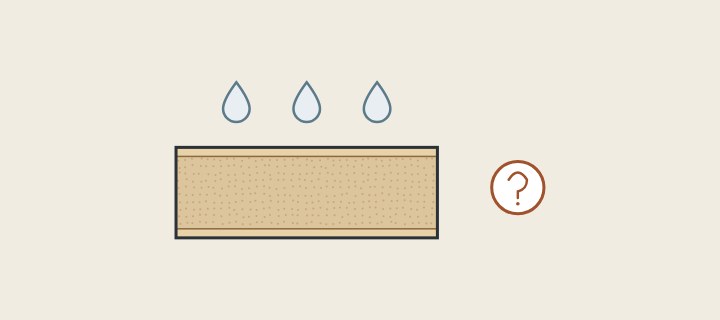 Illustration: a fiber-core board edge with three water drops above it and a question mark