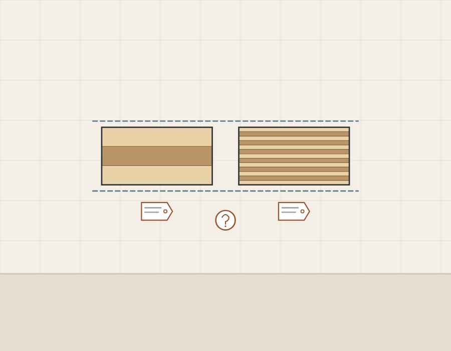 Illustration of a three-ply and a thirteen-ply panel edge of equal height, each with a blank tag and a question mark between