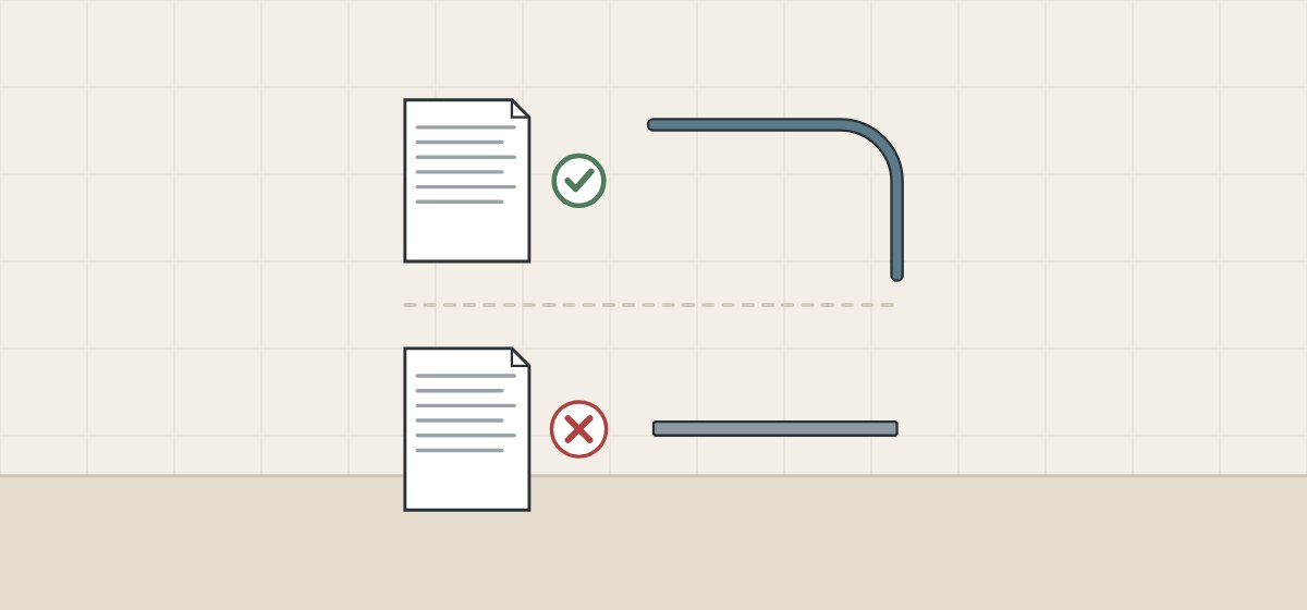 Illustration of two laminate sheets of equal thickness, one bent beside a data sheet with a check mark and one flat beside a data sheet with a cross mark