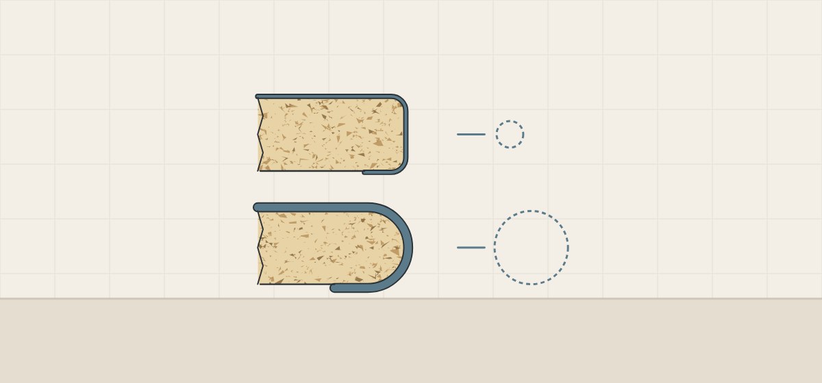 Illustration of two boards of equal thickness, a thin facing bent around a small edge radius above a thicker facing bent around a larger radius