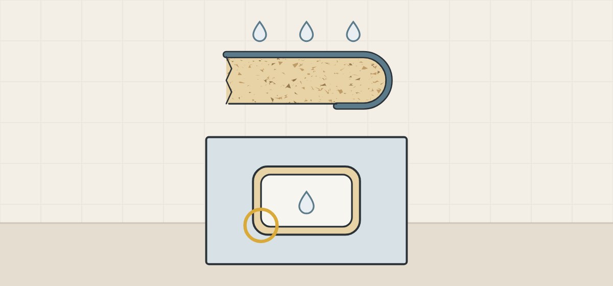 Illustration of a postformed edge section with water drops above a top with a round-cornered cutout and exposed core edge