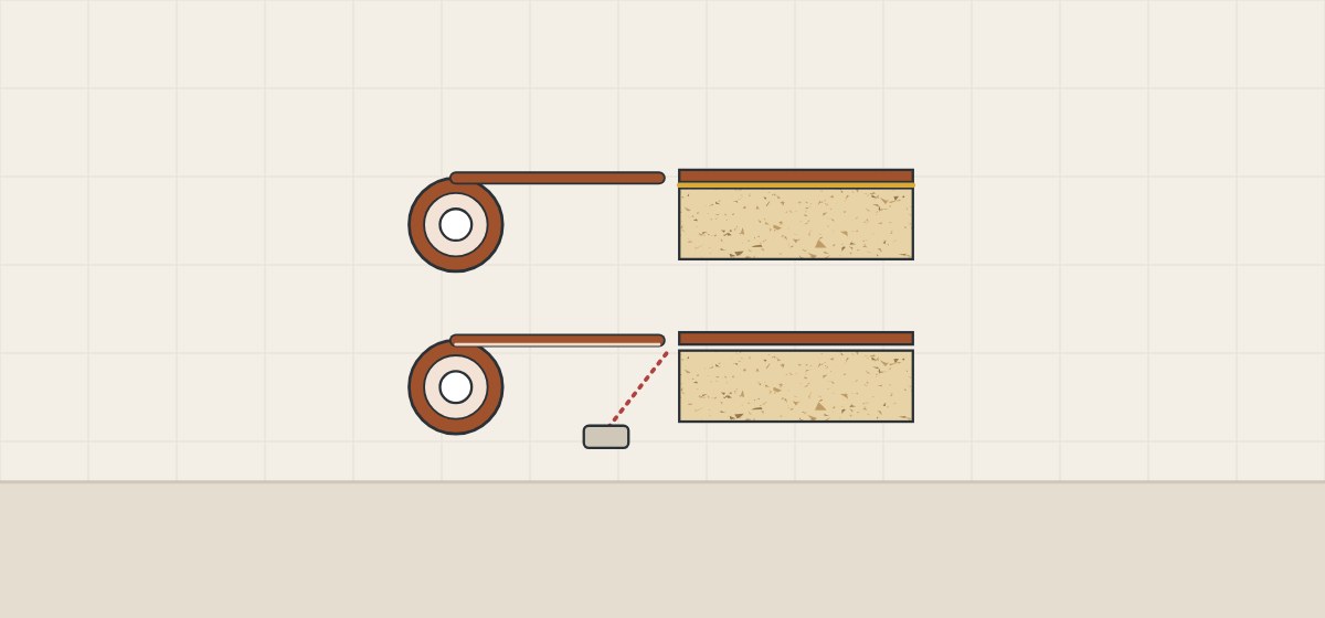 Illustration of an edge strip bonded to a board with an adhesive line above a strip bonded while a beam warms its back