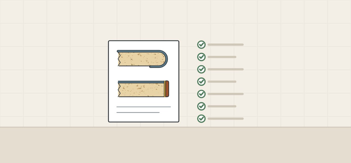 Illustration of a drawing sheet with two edge sections beside a checklist of seven checked lines
