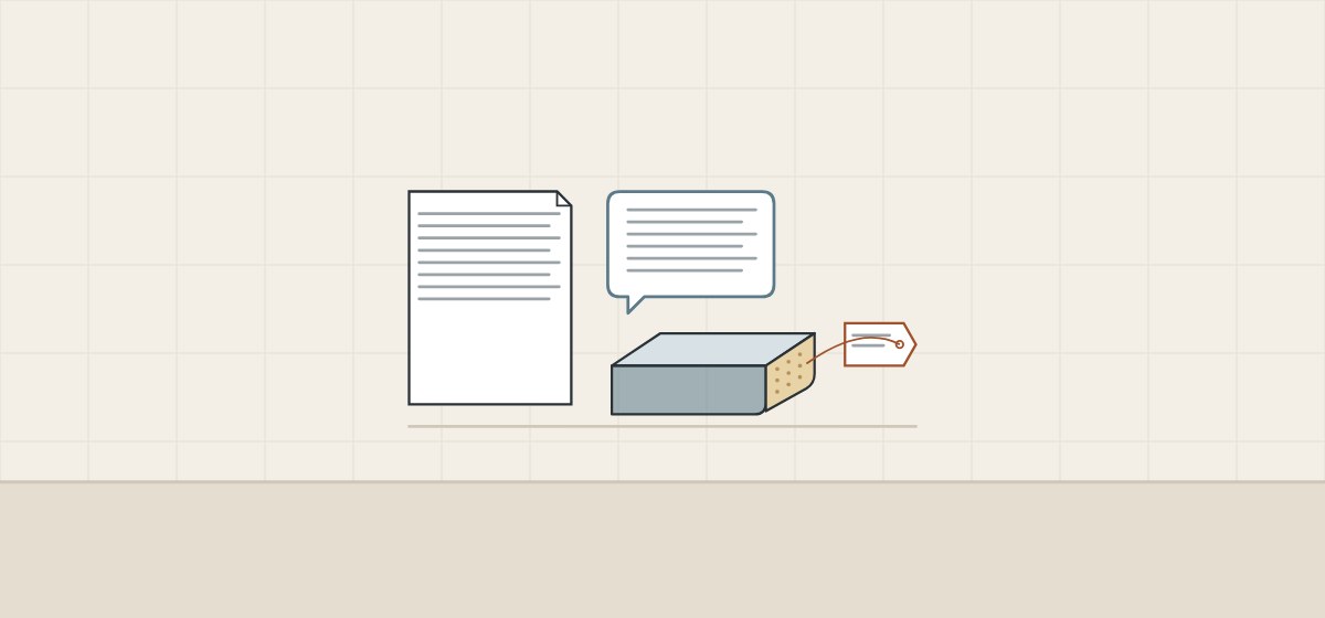 Illustration of a document, a message bubble and a tagged corner sample
