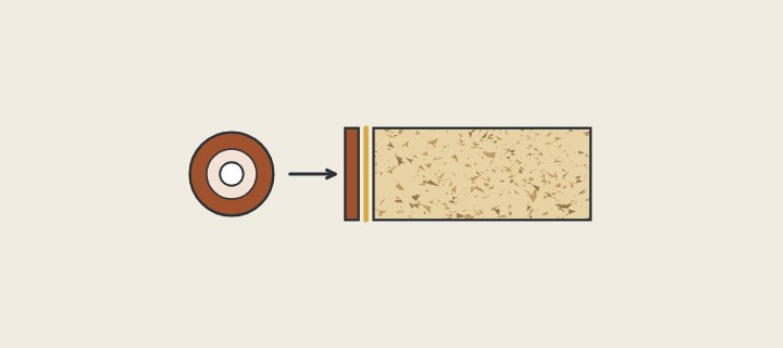 Illustration: a coil of edge strip with an arrow to a board edge, where a strip is bonded with a visible adhesive line