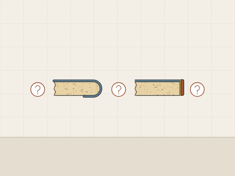 Illustration of a postformed edge section and an edgebanded edge section between question marks