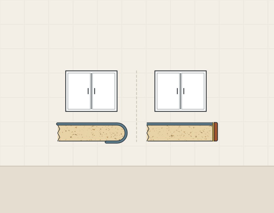 Illustration of two similar cabinet fronts, one above a postformed edge section and one above an edgebanded edge section