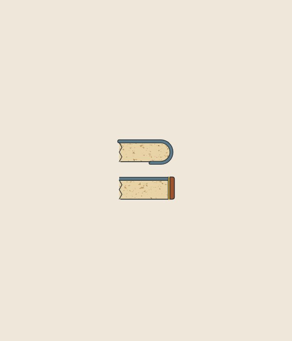 Illustration of a board section with one facing bent around a rounded edge above a board section with a separate strip on a square edge