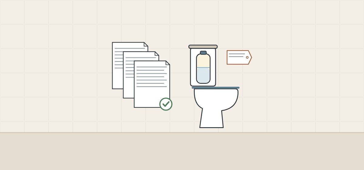 Illustration of three stacked documents with a tick beside a tagged toilet whose tank holds a pressure vessel