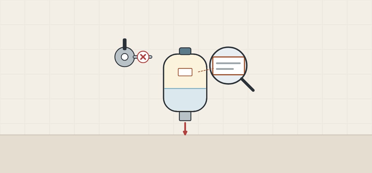 Illustration of a closed supply valve, a pressure vessel emptying downwards and a magnifier over the label on the vessel