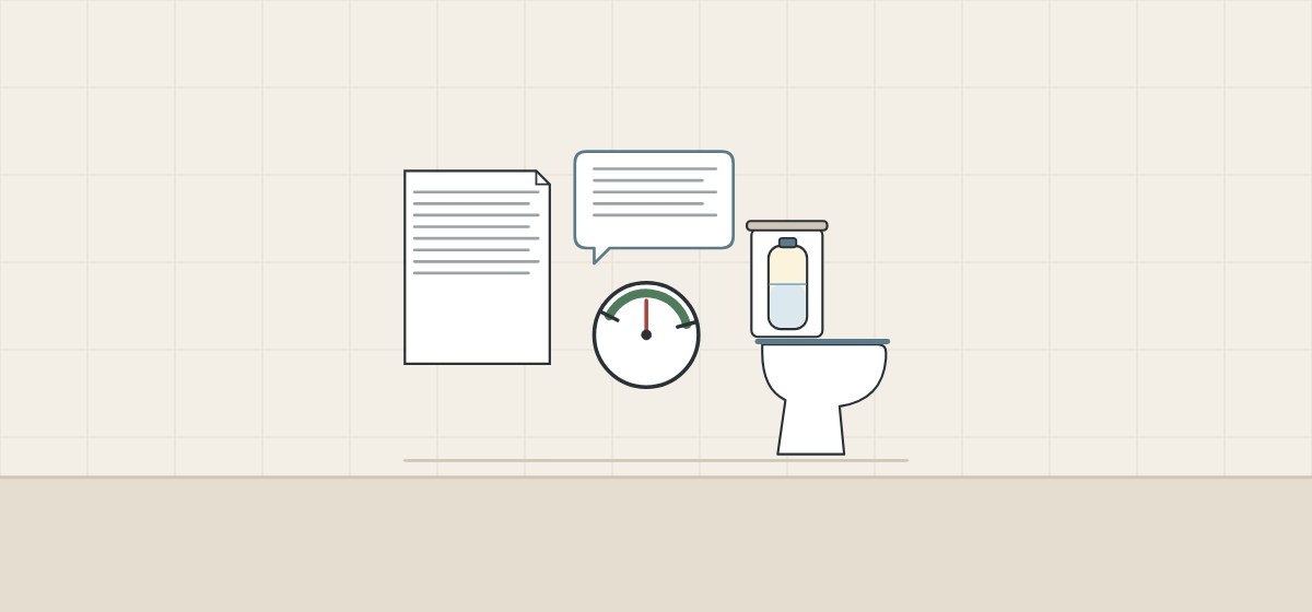 Illustration of a document, a message bubble, a pressure gauge and a toilet with a vessel in its tank