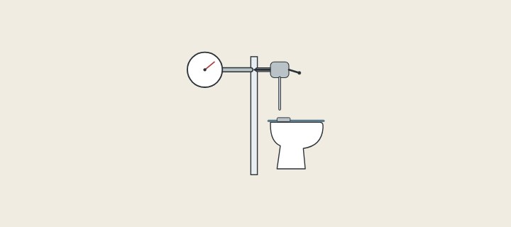 Illustration: a tankless toilet bowl with a flushometer valve on a wall supply pipe, and a pressure gauge on the supply