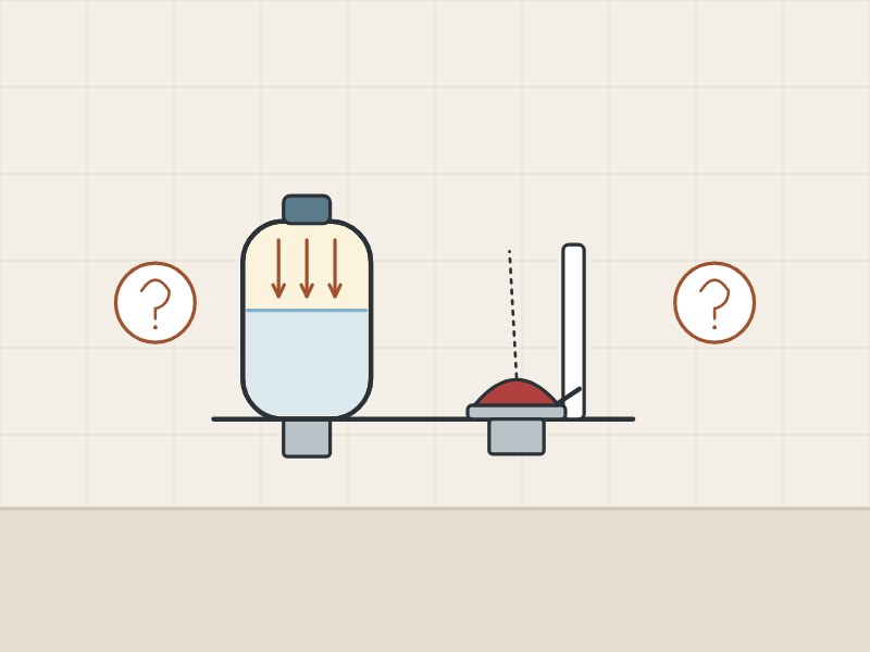 Illustration of a pressure vessel and a gravity flush valve between two question marks