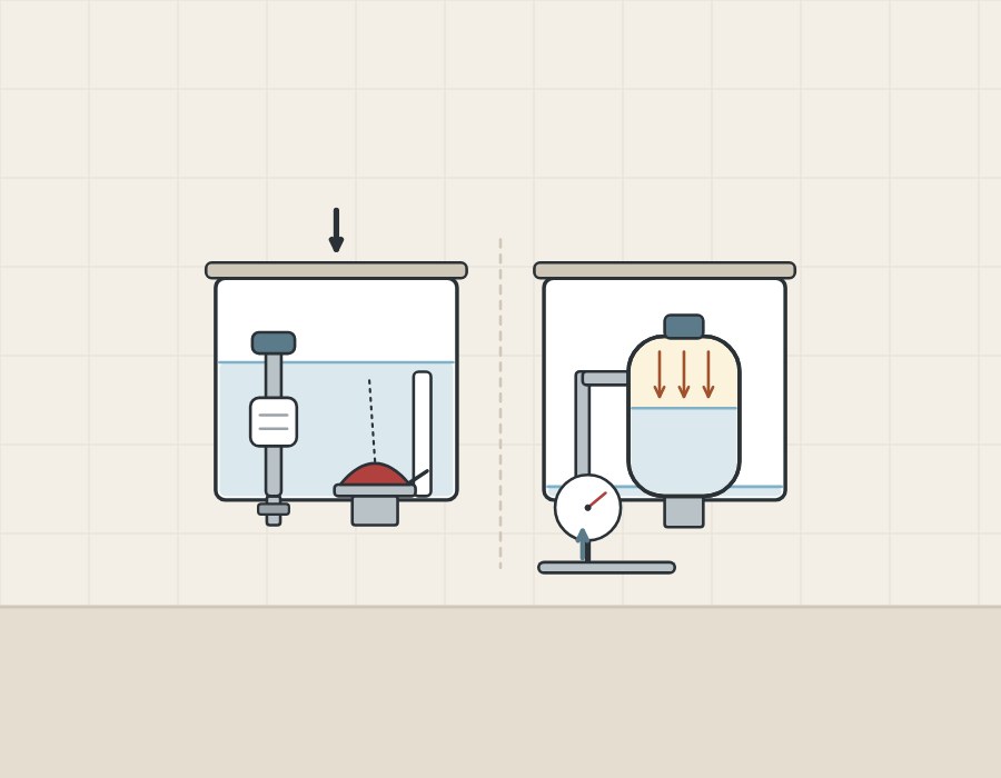 Illustration of a gravity cistern with open water beside a tank holding a sealed vessel fed by a supply pipe with a gauge