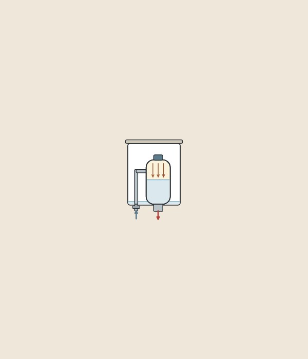 Illustration of a toilet tank in section holding a sealed pressure vessel with air above water