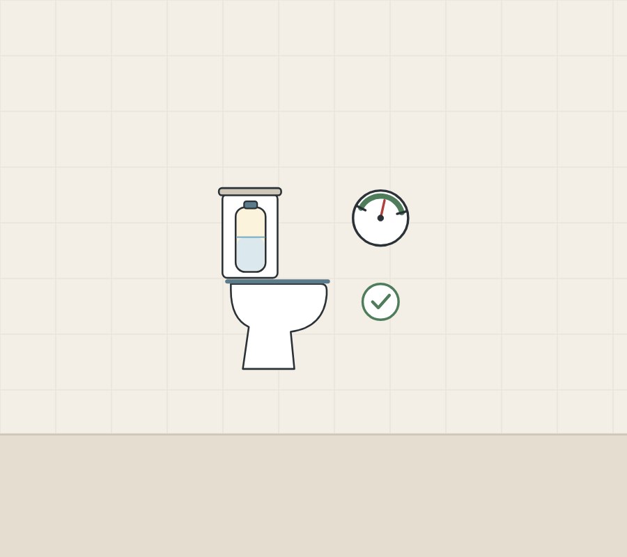 Illustration of a toilet with a vessel in its tank, a pressure gauge in range and a tick