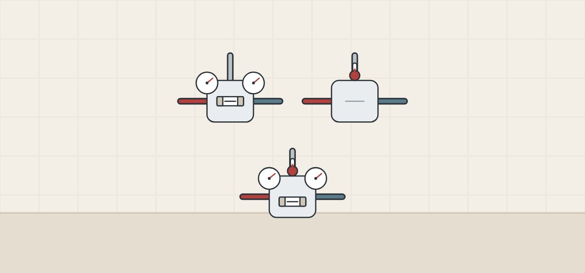 Illustration of three mixing valves: one with a piston and inlet gauges, one with an outlet sensing bulb and, below, one with both