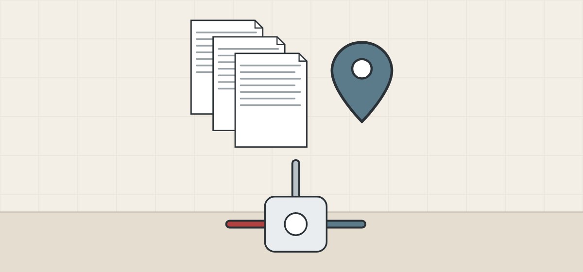 Illustration of three stacked standard documents, a location pin and a mixing valve