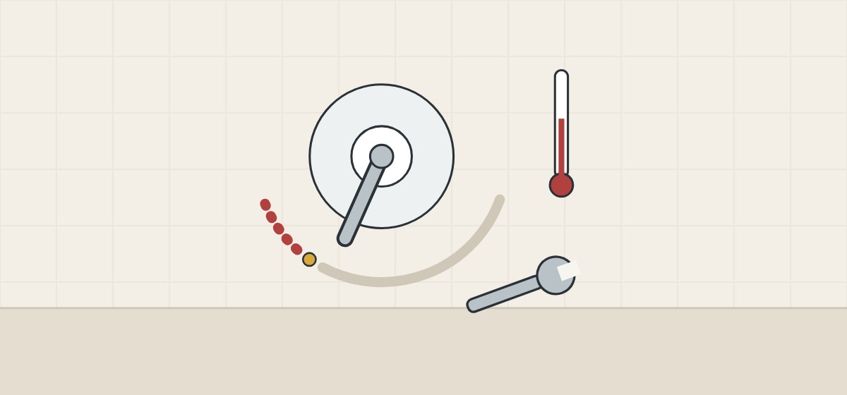 Illustration of a valve handle held short of the hot end by a stop pin, beside a thermometer and a spanner
