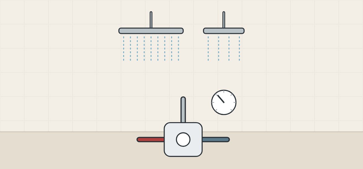 Illustration of a mixing valve with a flow dial below two shower heads with many and few spray lines