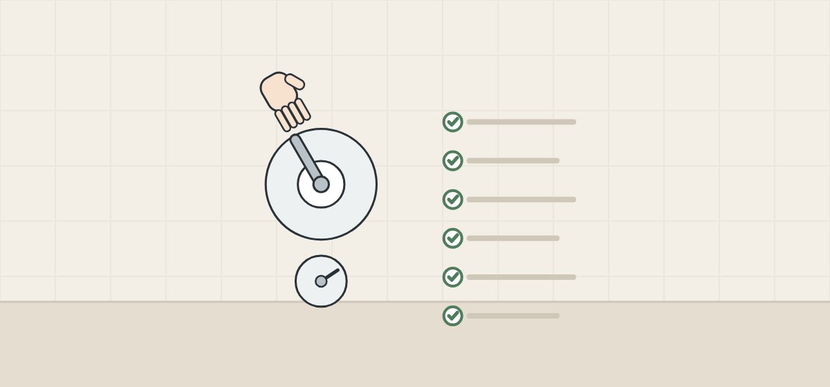Illustration of a hand on the lever of a two-control shower plate beside a ticked checklist