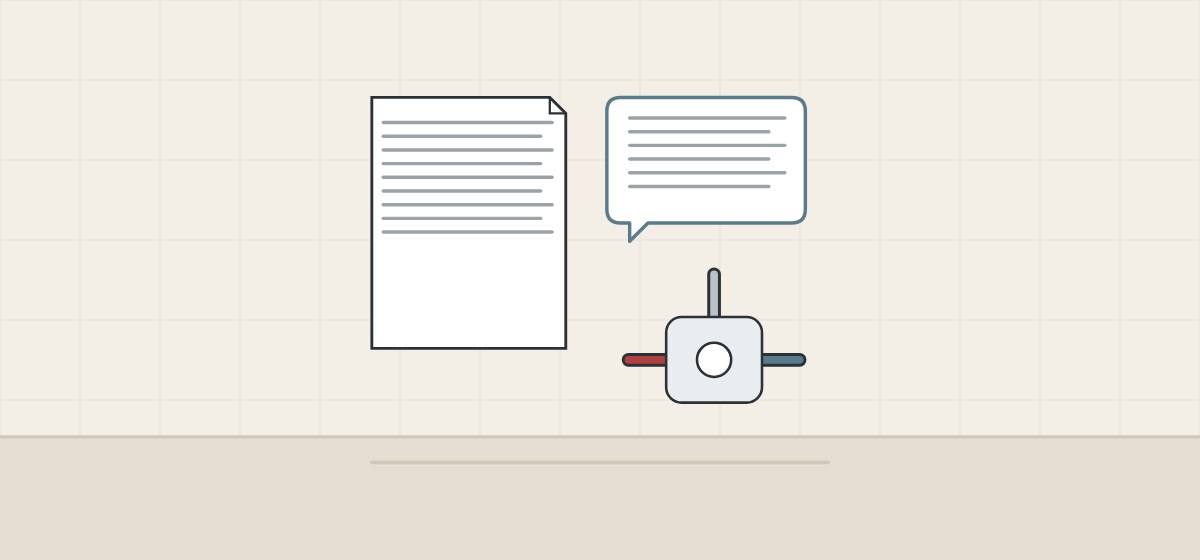 Illustration of a document, a message bubble and a mixing valve