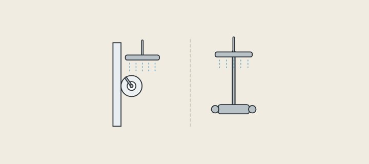 Illustration: a wall with only a control plate and shower head showing beside a shower with its pipe and mixer bar on show
