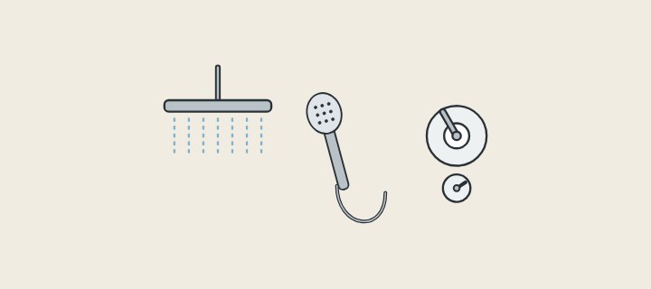 Illustration: an overhead shower, a hand shower on a hose and a two-control wall plate