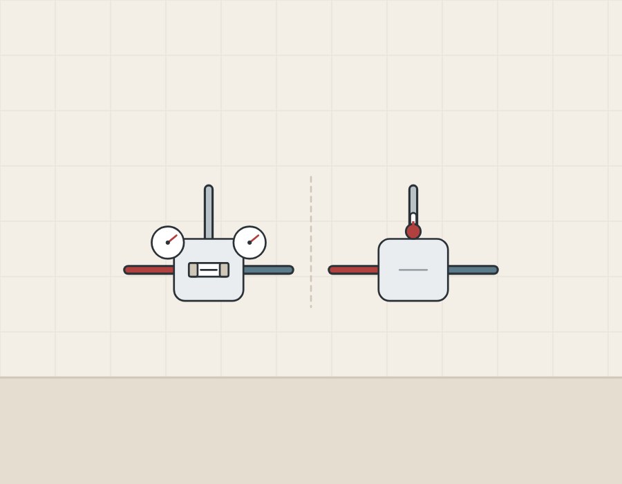 Illustration of a mixing valve with a piston and inlet pressure gauges beside a mixing valve with a sensing bulb on its outlet