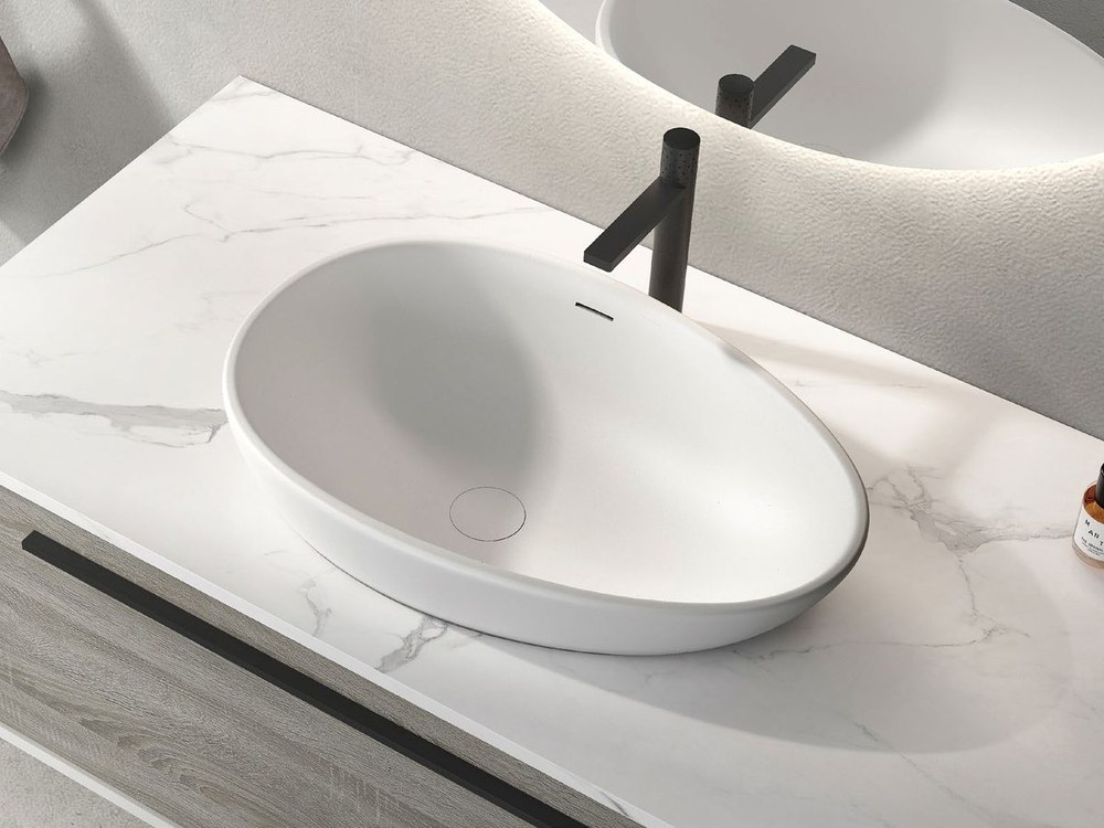 An integrated basin vanity in a residential bathroom