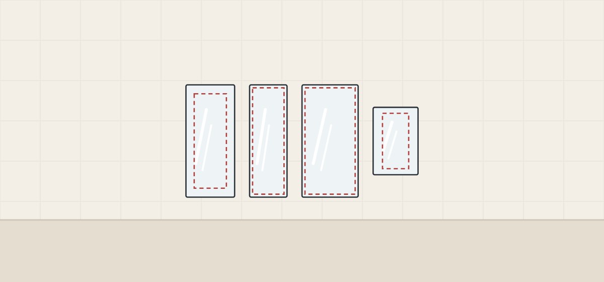 Illustration of four mirror cabinet faces, each with its wall opening dashed behind it, two with a narrow margin and two with a wider one