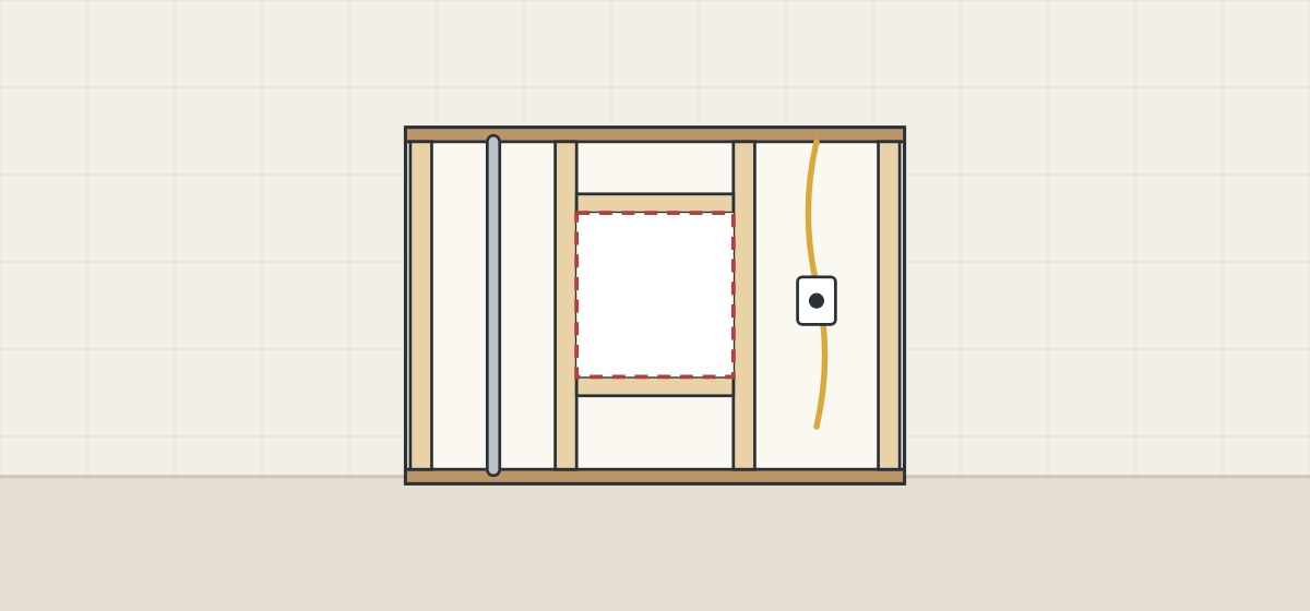 Illustration of wall framing with a framed opening between studs, a pipe in one adjacent bay and a cable with a junction box in the other