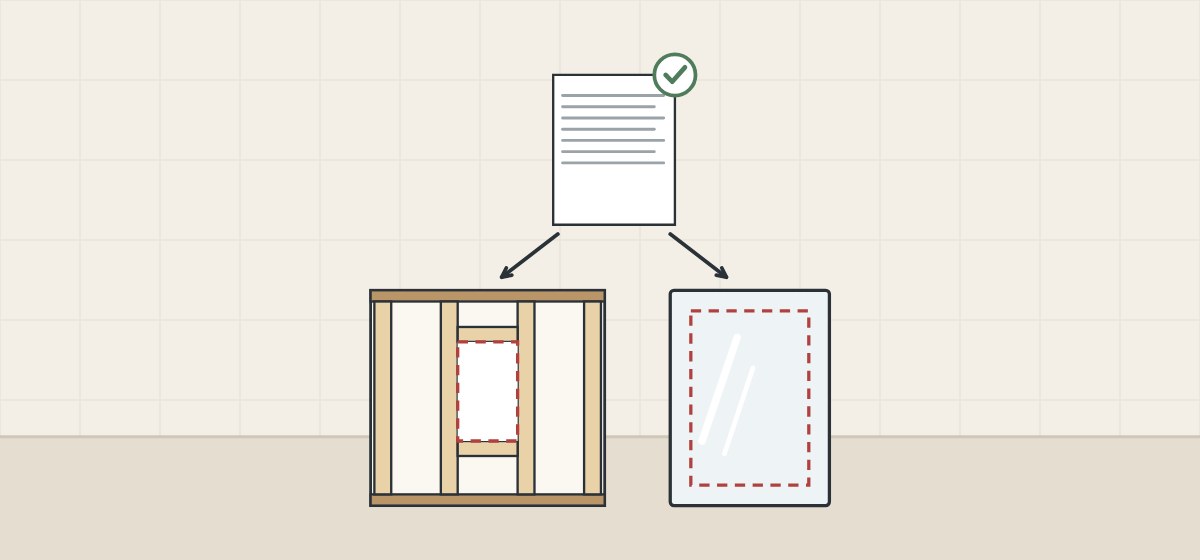Illustration of a ticked drawing sheet with arrows to a framed wall opening and to a mirror cabinet
