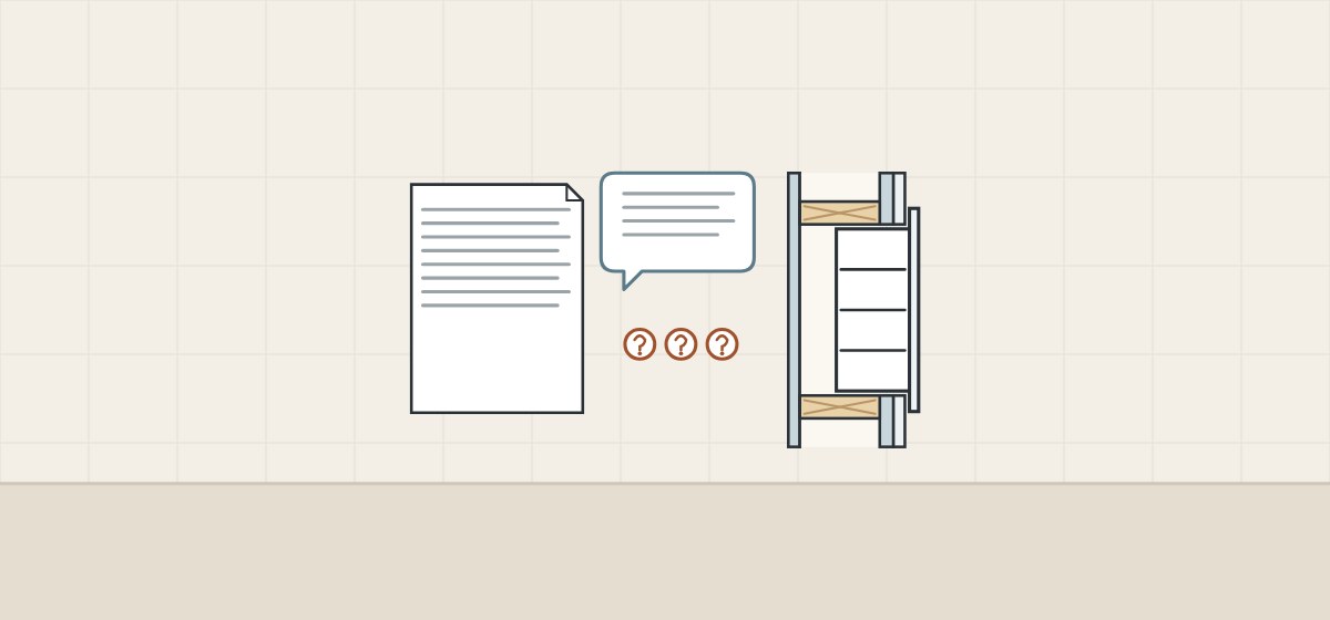 Illustration of a request document, a message bubble, three question marks and a side section of a recessed cabinet