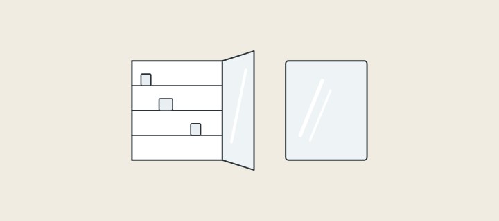 Illustration: a mirror cabinet with its mirrored door open on three shelves, beside a flat wall mirror