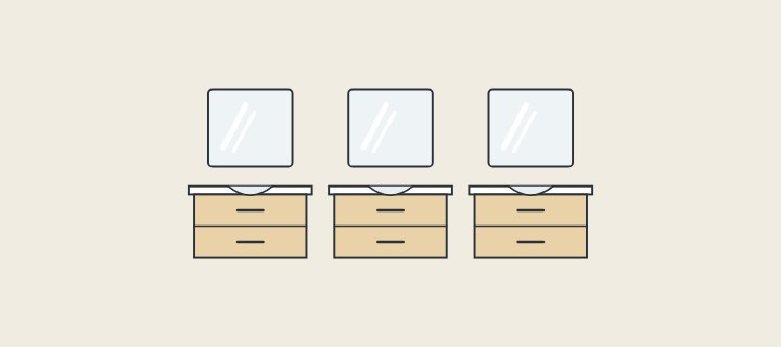 Illustration: three identical vanities, each with a mirror above it, in a row