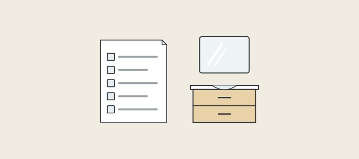Illustration: a specification sheet with listed rows beside a mirror above a vanity cabinet