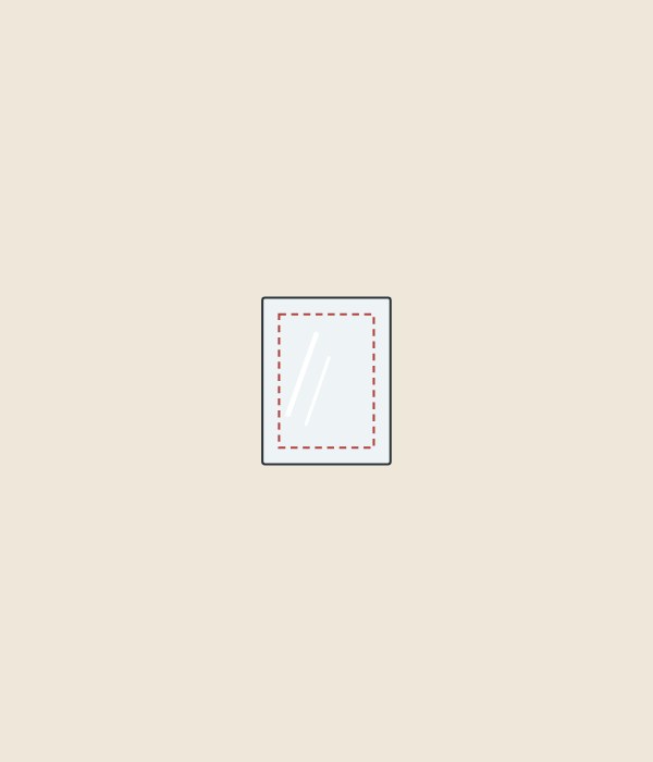 Illustration of a mirror cabinet face seen from the front with the smaller wall opening dashed behind it