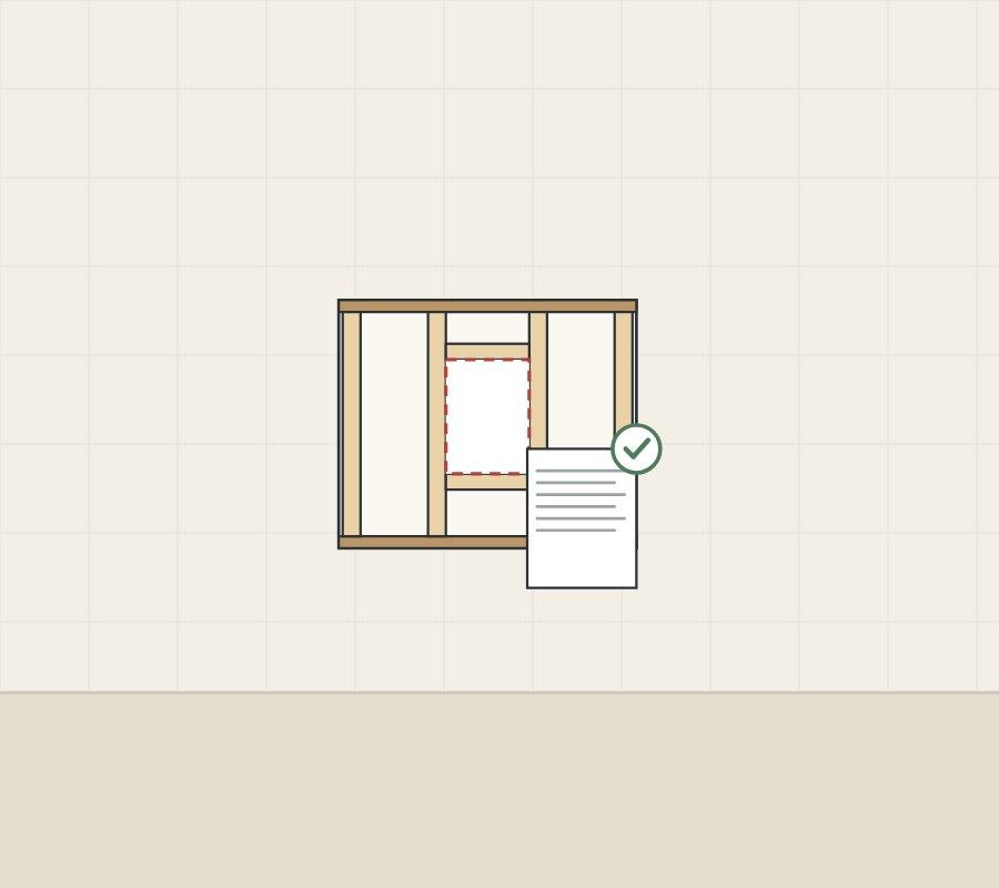 Illustration of a framed wall opening with a drawing sheet and a tick