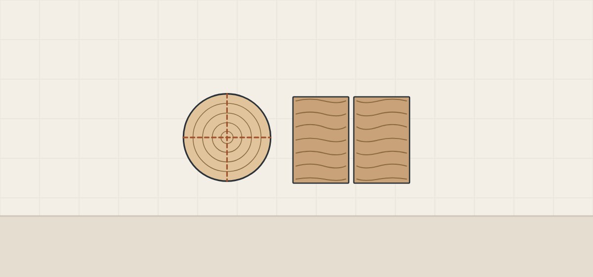 Illustration of a log end with cutting lines beside two book-matched veneer leaves