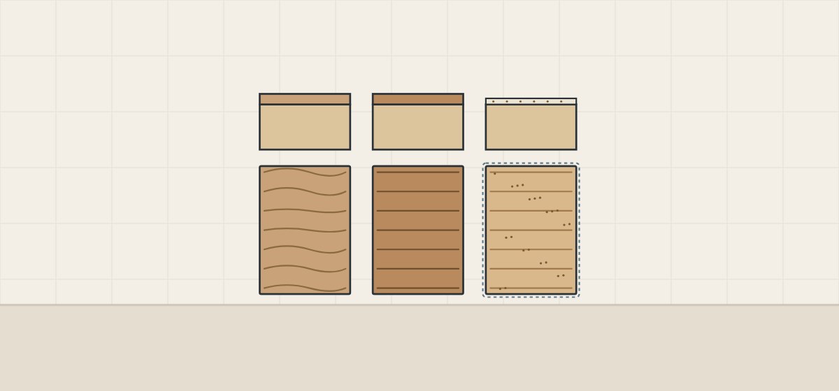 Illustration of three board edges with a natural face, a reconstituted face and a printed paper